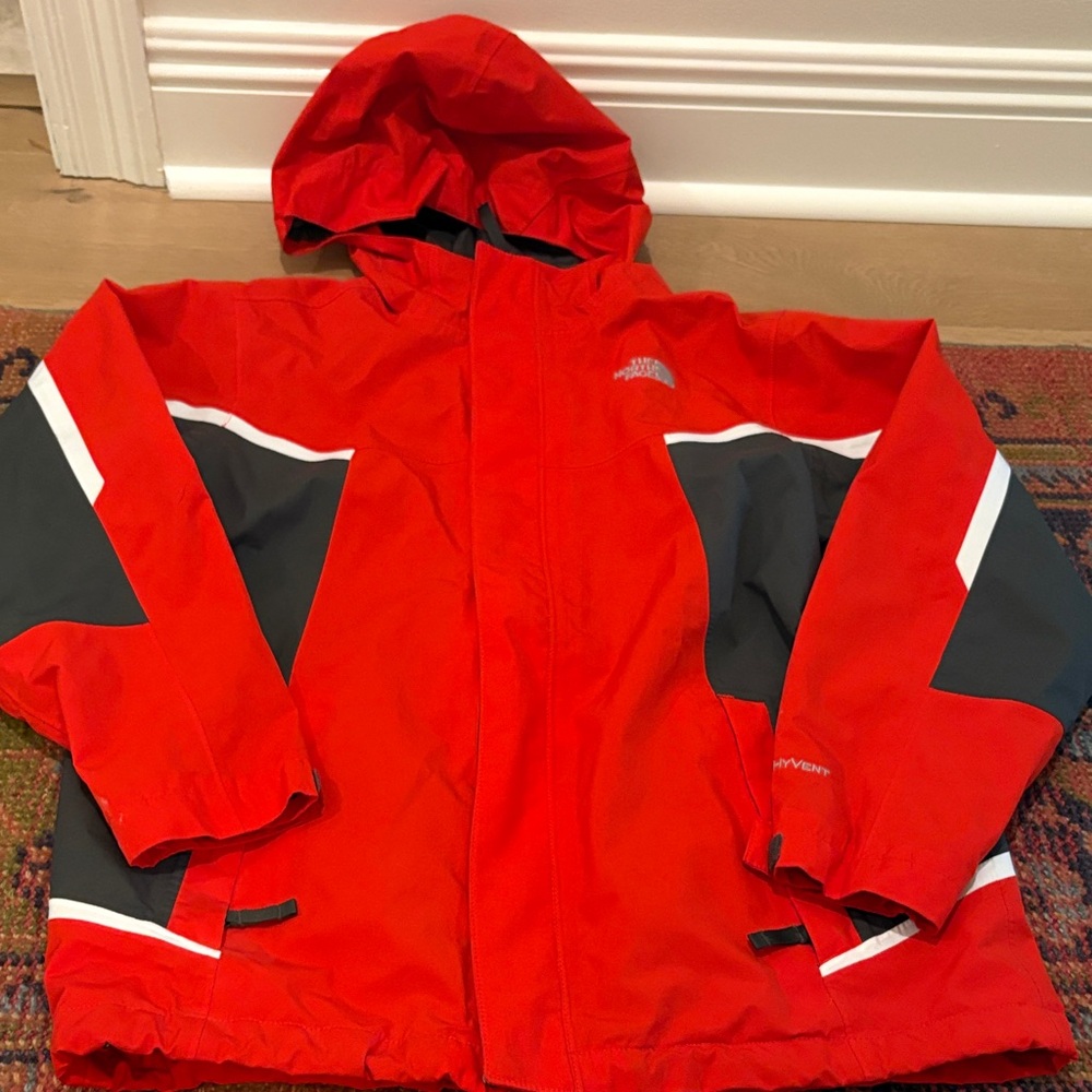The North Face Kids Red & Gray Hooded Rain Jacket